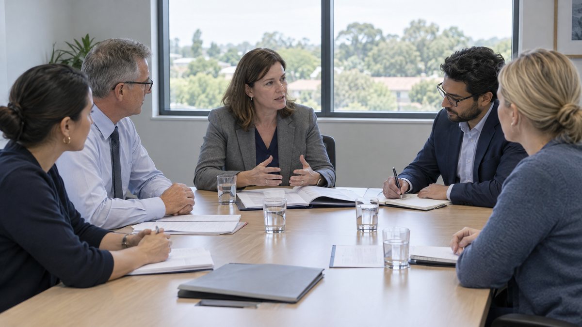 Five adults seated around a meeting table with documents open in front of them, in discussion