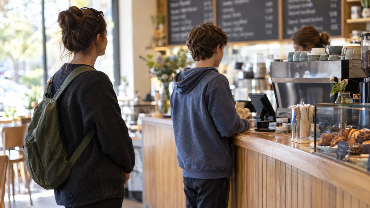 A support worker standing a respectful step back while a teenage boy orders at a cafe counter
