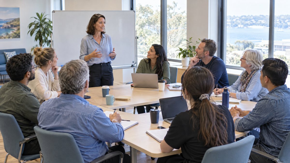 A trainer standing beside a whiteboard, talking with a group of adults seated around a table with notepads and laptops
